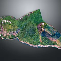 Detailed 3D Rugged Terrain Featuring Lush Green Vegetation And White Coastal Edges