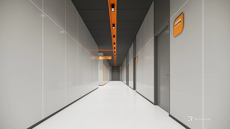 Modern Elevator Corridor Interior With Gray Walls Recessed Lighting And Orange Directional Signage 3d model 