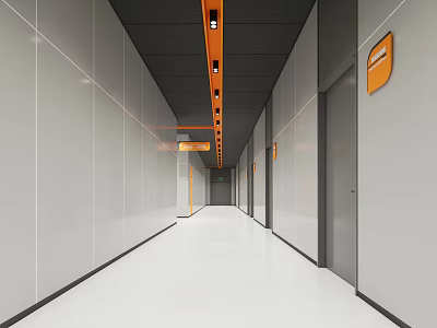 Modern Elevator Corridor Interior With Gray Walls Recessed Lighting And Orange Directional Signage 3d model
