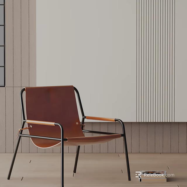 Modern Brown Leather Leisure Chair With Metal Frame Wooden Armrests And Vertical Striped Light-colored Wall 3d model 