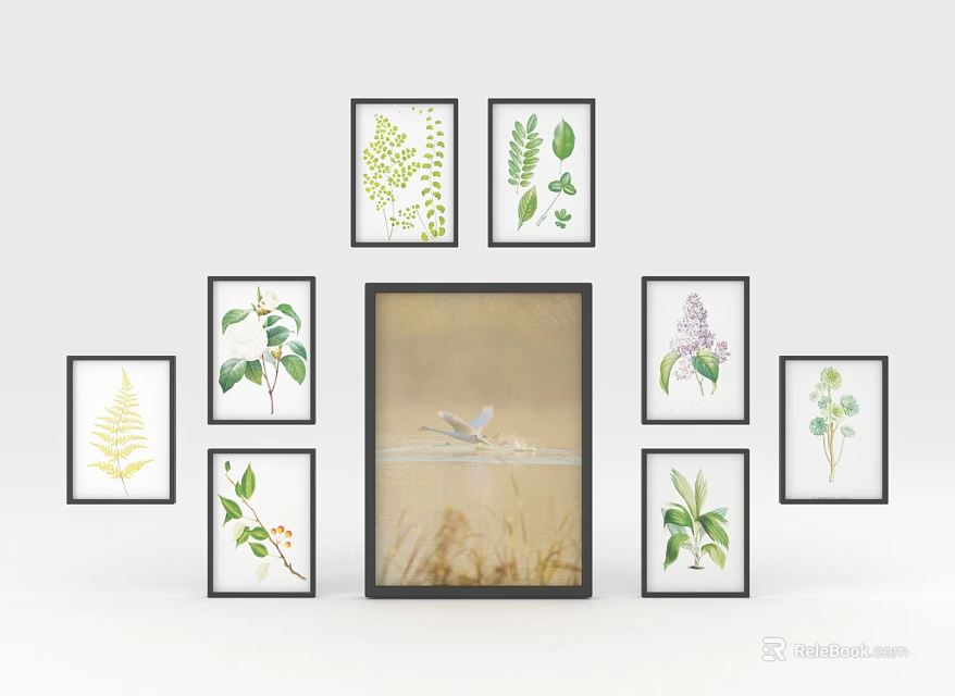 Gallery Wall Decor With Central Swan Painting And Surrounding Plant Leaf Prints 3d model 