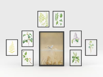 Gallery Wall Decor With Central Swan Painting And Surrounding Plant Leaf Prints 3d model