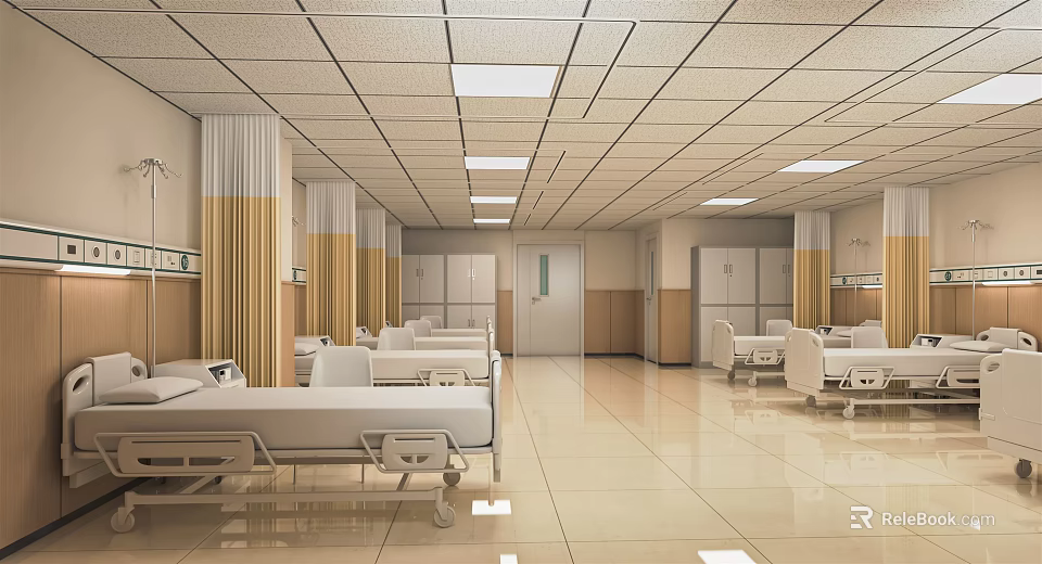 Spacious Clean Hospital Ward With Multiple Beds Curtains Lockers And Lighting 3d model 