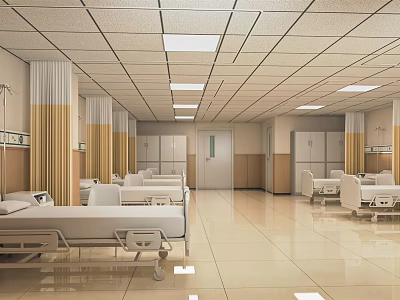 Spacious Clean Hospital Ward With Multiple Beds Curtains Lockers And Lighting 3d model