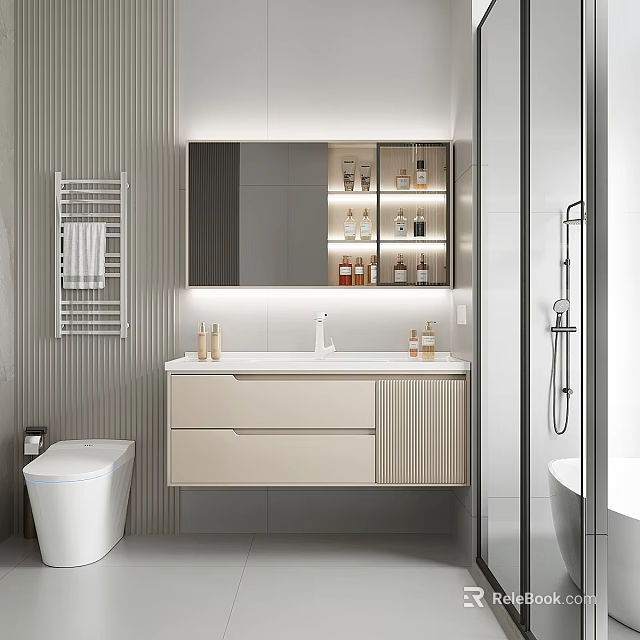 Modern Bathroom Interior Design With Backlit Mirror Vanity Drawers And Striped Wall 3d model