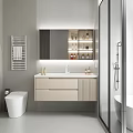 Modern Bathroom Interior Design With Backlit Mirror Vanity Drawers And Striped Wall 3d model