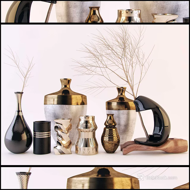 Elegant Decorative Vases With Dried Branches And Textured Gold Silver Designs 3d model 