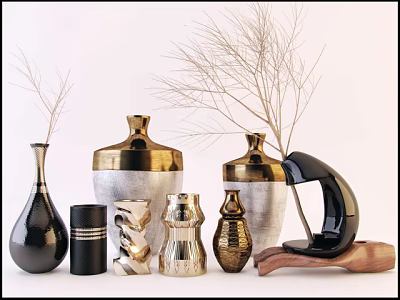 Elegant Decorative Vases With Dried Branches And Textured Gold Silver Designs 3d model