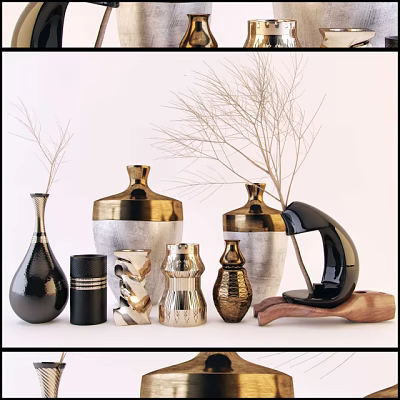 Elegant Decorative Vases With Dried Branches And Textured Gold Silver Designs 3d model