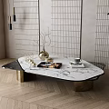 Modern Coffee Table with Marble Top Gold Base Green Plant Lattice Wall and Tabletop Items