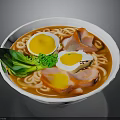 Delicious Ramen Bowl With Soft Boiled Eggs Ham Slices Green Vegetables And Noodles
