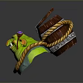 Green Game Character With Smiling Face Purple Goggles Wooden Bucket On Head And Rope