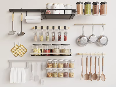Organized Kitchen Wall With Hanging Pans Spatulas And Glass Jars For Spices 3d model