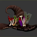 Wizard's Magical Hat Adorned With Small Creatures Cat Mushroom Herbs Feather And Bone