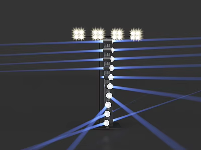 Black Columnar Lighting Combination With Top Multiple Glowing Bulbs And Emitting Blue Light Rays 3d model