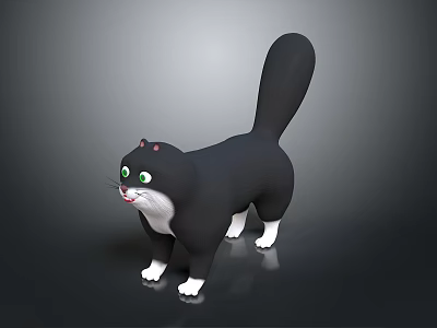 Cartoon Black And White Cat With Green Eyes Long Tail White Paws 3D Model Design 3d model