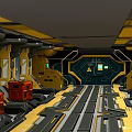 Futuristic Sci Fi Corridor With Yellow Black Structures Red Cargo Boxes And Console Lights 3d model