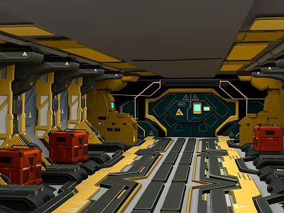 Futuristic Sci Fi Corridor With Yellow Black Structures Red Cargo Boxes And Console Lights 3d model