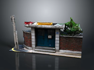 Entrance Gate With Blue Door Red Brick Walls White Frame And Colorful Roof Section 3d model