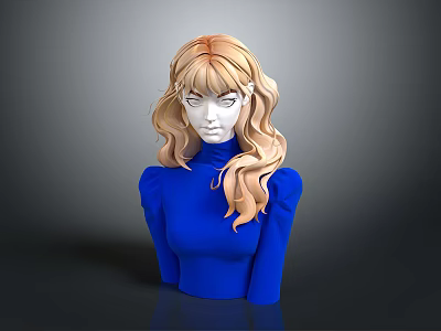 3D Female Bust Model With Blonde Curly Hair Blue Turtleneck Puffed Sleeve Top 3d model