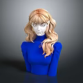 3D Female Bust Model With Blonde Curly Hair Blue Turtleneck Puffed Sleeve Top