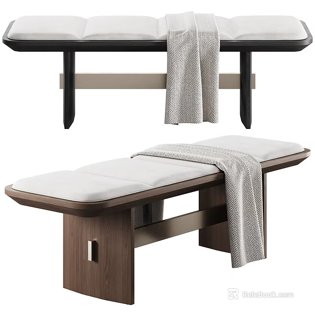 Stylish Bed End Bench With Brown Wood Frame And White Cushioned Seat 3d model 