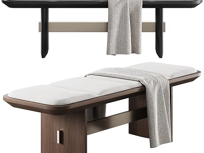 Stylish Bed End Bench With Brown Wood Frame And White Cushioned Seat 3d model