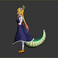Game Anime Character with Blonde Hair Horns Blue Dress Red Ribbon and White Cuffs