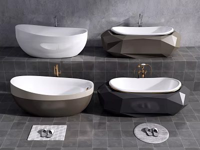Stylish Bathtubs in White Brown Black with Geometric Design and Golden Edges on Gray Tiles 3d model