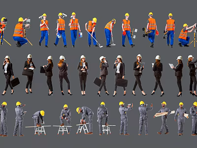 Group of People in Orange Vests Black Suits Gray Uniforms And Safety Helmets Doing Work 3d model