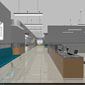 Clean Modern Hospital Corridor With Glass Partitions Blue Bench And Tile Floor