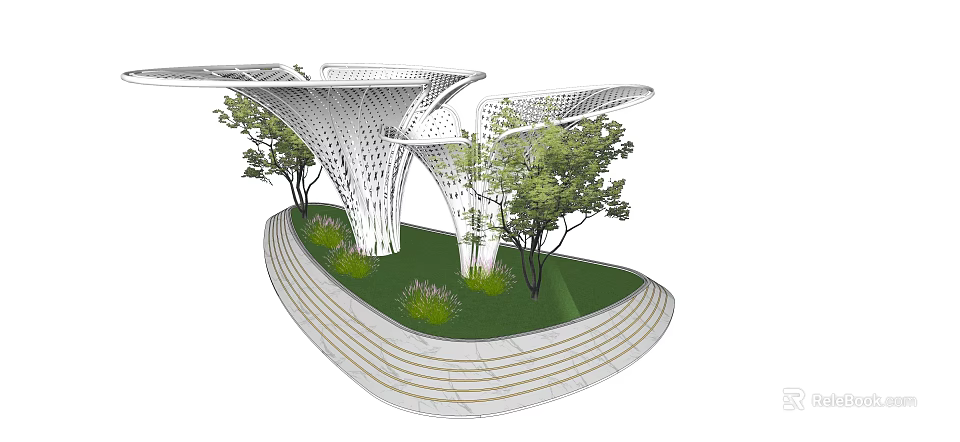 Modern Pergola with Lattice Structure Surrounded by Trees Grass and Steps 3d model