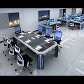 Modern Monitoring Room with Multiple Computer Screens Workstations and Blue Lighting