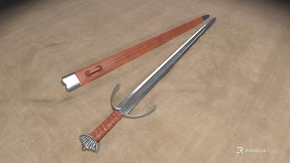 Medieval Sword With Leather Hilt Silver Metal Blade And Leather Scabbard On Beige Fabric Background 3d model 
