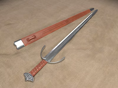 Medieval Sword With Leather Hilt Silver Metal Blade And Leather Scabbard On Beige Fabric Background 3d model