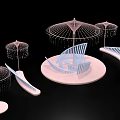 Decorative Pink Umbrella Like Structures With Dangling Ornaments And Modern Geometric Base 3d model