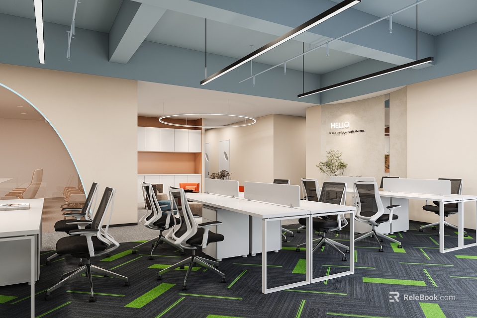 Modern Public Office Interior Design With White Desks Office Chairs Green Carpet And Ceiling Lights 3d model 
