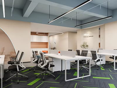 Modern Public Office Interior Design With White Desks Office Chairs Green Carpet And Ceiling Lights 3d model