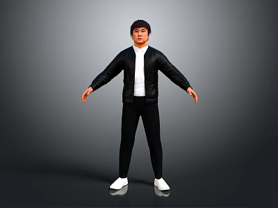 Man In Black Jacket White Shirt Black Pants White Shoes Arms Outstretched Against Gray Background 3d model