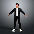 Man In Black Jacket White Shirt Black Pants White Shoes Arms Outstretched Against Gray Background