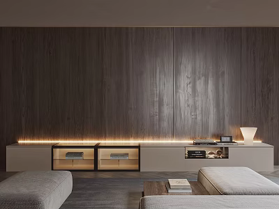 Modern TV Stand In Living Room With Dark Wooden Wall LED Strip Lighting And Storage Compartments 3d model