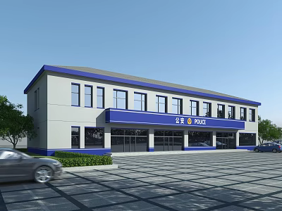 Modern Two Story Office Building Exterior With Blue Accents Large Windows And Parking Area 3d model