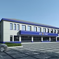 Modern Two Story Office Building Exterior With Blue Accents Large Windows And Parking Area