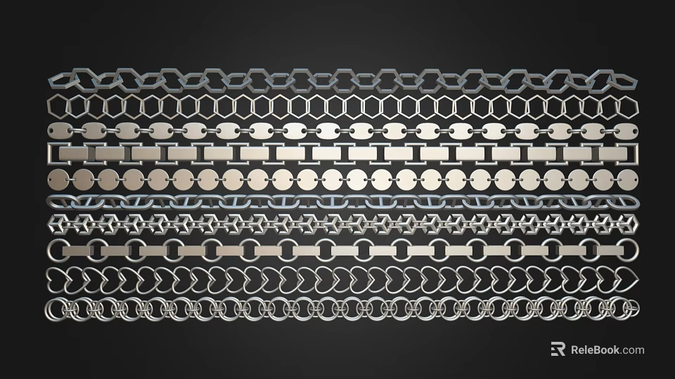 Various Decorative Metal Chain And Hexagonal Circular Patterns Arranged Neatly On Black Background 3d model 