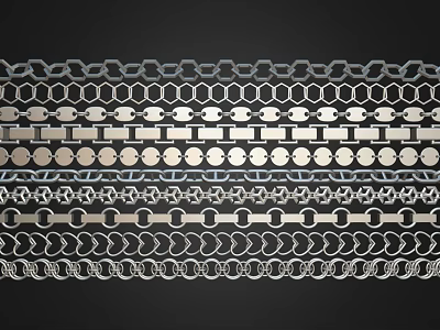 Various Decorative Metal Chain And Hexagonal Circular Patterns Arranged Neatly On Black Background 3d model