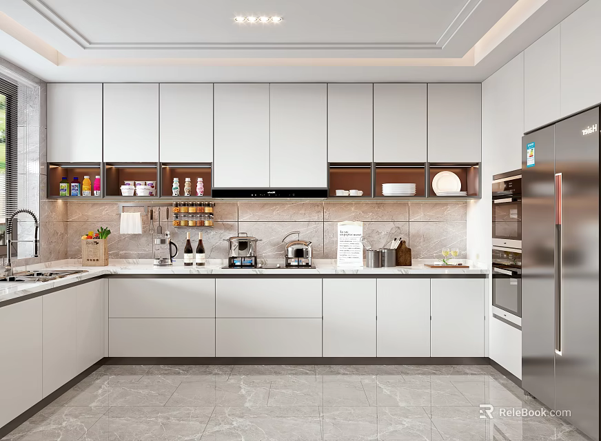 Modern Kitchen Interior Design With White Cabinets Marble Countertops And Stainless Steel Appliances 3d model 