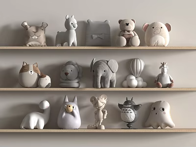 Cute Plush Stuffed Animal Toys on Wooden Shelves with Various Character Designs 3d model