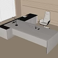 Modern L Shaped Office Desk with White Chair Laptop Desk Lamp and Documents