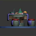 Unique Designed Dining Table With Colorful Green Red Fruits Decor And Blue Base