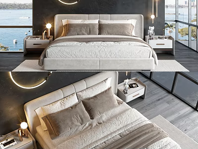 Modern Double Bed Interior Design With Gray Headboard Beige Bedding Circular Lights And Sea View 3d model